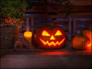 Dynie, Świece, Halloween, Kompozycja, Iglak, Koszyk, Szyszki