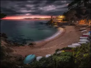 Plaża, Łódki, Hiszpania, Morze, Katalonia, Lloret de Mar, Domy