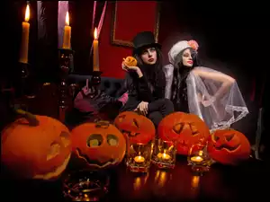 Stroje, Halloween, Dynie, Świece Kobiety