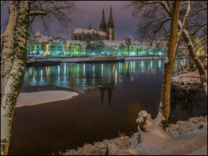 Niemcy, Drzewa, Zima, Kościół, Miasto Ratyzbona, Regensburg, Domy, Rzeka Dunaj, Katedra Św. Piotra, Bawaria
