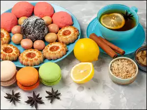 Cytryna, Filiżanka, Ciasteczka, Anyż, Herbata, Makaroniki, Wanilia, Talerzyk