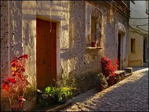 Stare domy przy brukowanej uliczce w Scaleo w słonecznym blasku