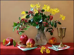 Kwiaty, Puchar, Żółte, Bukiet, Jabłka