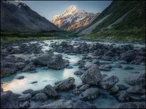 Mount Cook, Nowa Zelandia, Park Narodowy Góry Cooka, Góry, Rzeka, Góra Cooka, Kamienie, Hooker River