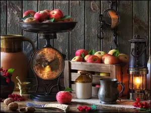 Dzban, Kompozycja, Skrzynka, Jabłka, Waga, Lampa
