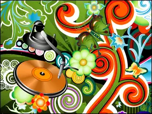 Muzyka, Gramofon, Wzory, Grafika, Kolorowe, Motylki, Kwiaty