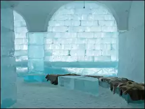 Jukkasjarvi, Hotel lodowy, Lód, Gmina Kiruna, Icehotel, Skóry, Szwecja, Wnętrze