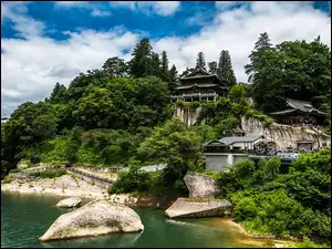 Świątynia, Japonia, Drzewa, Chmury, Tohoku, Kamienie