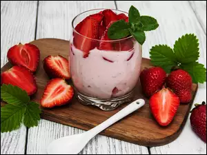 Jogurt, Deser, Listki, Łyżeczka, Truskawki, Deski