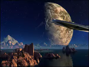 Statek kosmiczny, Grafika, Fantasy, Skały, Kosmos, Planety, Góry, 3D