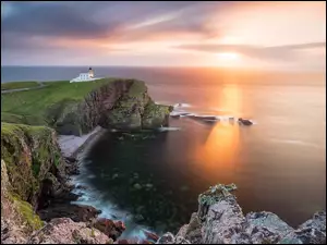 Wybrzeże, Latarnia morska, Szkocja, Morze, Wschód słońca, Skały, Stoer Lighthouse