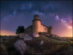 Toledo, Hiszpania, Noc, Droga Mleczna, Zamek Barcience, Gwiazdy