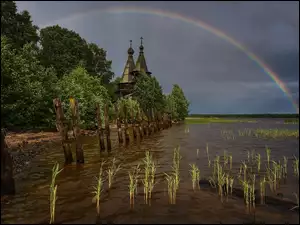 Szuwary, Jezioro, Cerkiew, Tęcza, Drzewa, Chmury