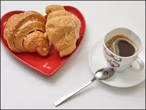 Croissanty, Rogale, Serce, Kawa, Łyżeczka, Spodek, Filiżanka