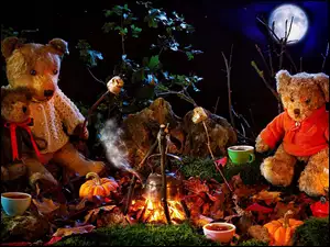Pluszowe misie przy ognisku w Halloween