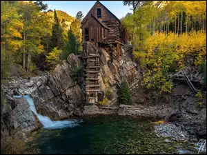 Młyn, Las, Rzeka, Drzewa, Stan Kolorado, Crystal River, Crystal Mill, Stany Zjednoczone, Góry, Drewniany, Jesień