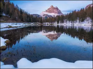 Włochy, Tre Cime di Lavaredo, Drzewa, Masyw, Jezioro, Zima, Góry, Antorno Lake, Dolomity, Prowincja Belluno