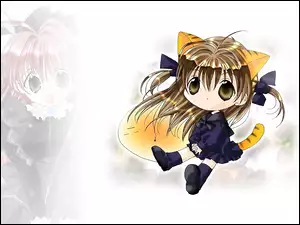dziewczynka, Digi Charat, kot, kokarda, mgła