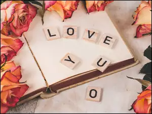 Klocki, Love you, Róże, Książka, Napis