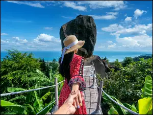 Tajlandia, Czerwona, Koh Samui, Kamień, Skała, Sukienka, Kapelusz, Kobieta, Most
