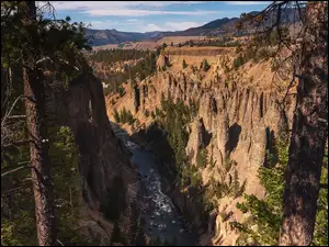 Stany Zjednoczone, Wielki Kanion Yellowstone, Canyon Village, Park Narodowy Yellowstone, Skały, Góry, Yellowstone River, Rzeka, Drzewa, Wyoming