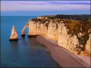 Skały, Wschód słońca, Klify, Etretat, Morze, Porte dAval, Francja, Wybrzeże