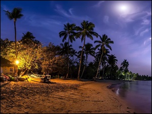 Dominikana, Plaża, Gmina Samana, Światła, Las Terreras, Palmy, Łódki, Morze, Noc