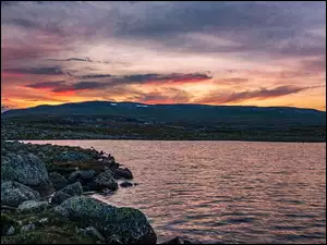 Góry, Wschód słońca, Jezioro, Norwegia, Skały, Płaskowyż Hardangervidda