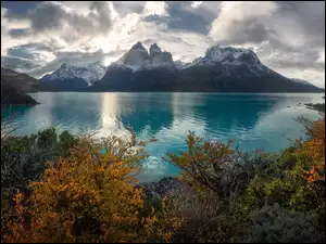 Jesienne krzewy chmury nad jeziorem Lago Nordenskjold w Patagonii