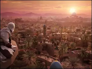 Postać na tle miasta z gry Assassins Creed Mirage