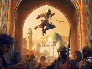 Assassins Creed Mirage, Ludzie, Plakat, Gra, Skok, Wojownik, Pałac
