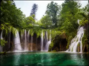 Natura, Chorwacja, Wodospady, Las, Jezioro, Skały, Drzewa, Park Narodowy Jezior Plitwickich