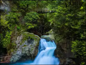 Most wiszący Lynn Canyon nad kaskadą