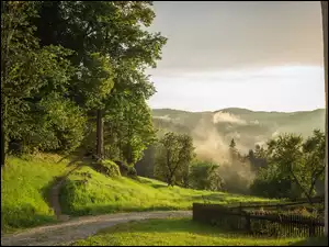 Widok z drogi na zamglone wzgórza