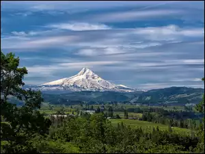 Widok na ośnieżony stratowulkan Mount Hood