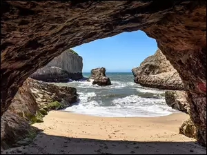 Skały, Morze, Shark Fin Cove, Stany Zjednoczone, Plaża, Kalifornia