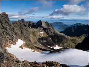 Lofoty, Góry, Chmury, Norwegia, Niebo, Śnieg, Zima