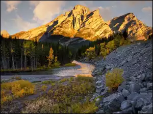 Mount Kidd, Góry, Drzewa, Kanada, Rzeka, Chmury