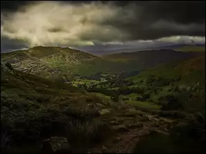 Dolina, Góry, Droga, Anglia, Chmury, Obszar Lake District