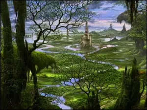 Rzeka, Łąki, Las, Fantasy, Budynek