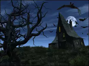 Nietoperze, Księżyc, Domek, Halloween, Drzewo