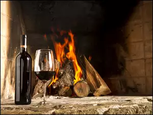 Ogień, Wino, Kieliszek, Kominek