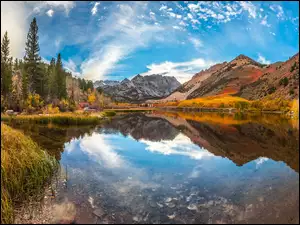 Chmury, Stany Zjednoczone, Góry, Jezioro, Kalifornia, Drzewa, North Lake, Eastern Sierra