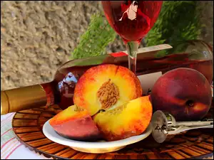 Kieliszek, Brzoskwinie, Wino, Butelka