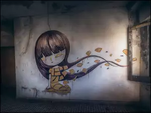 Zaniedbane, Okno, Kobieta, Street art, Wnętrze