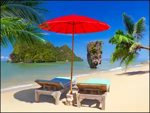 Morze, Plaża, Wakacje, Tajlandia, Palmy, Parasol, Leżaki