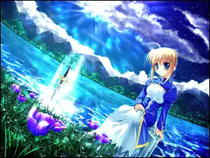 kwiatki, Fate Stay Night, jezioro, kobieta, miecz