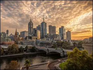 Rzeka Yarra, Drzewa, Australia, Most, Melbourne, Miasto, Wieżowce