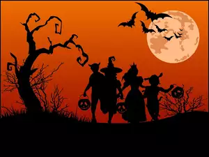 Drzewo, Halloween, Dynie, Nietoperze, Postacie, Księżyc