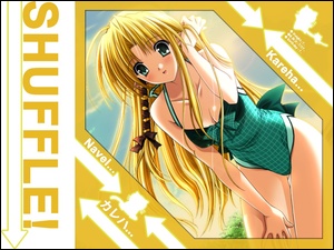zielony strój, Shuffle, blondynka